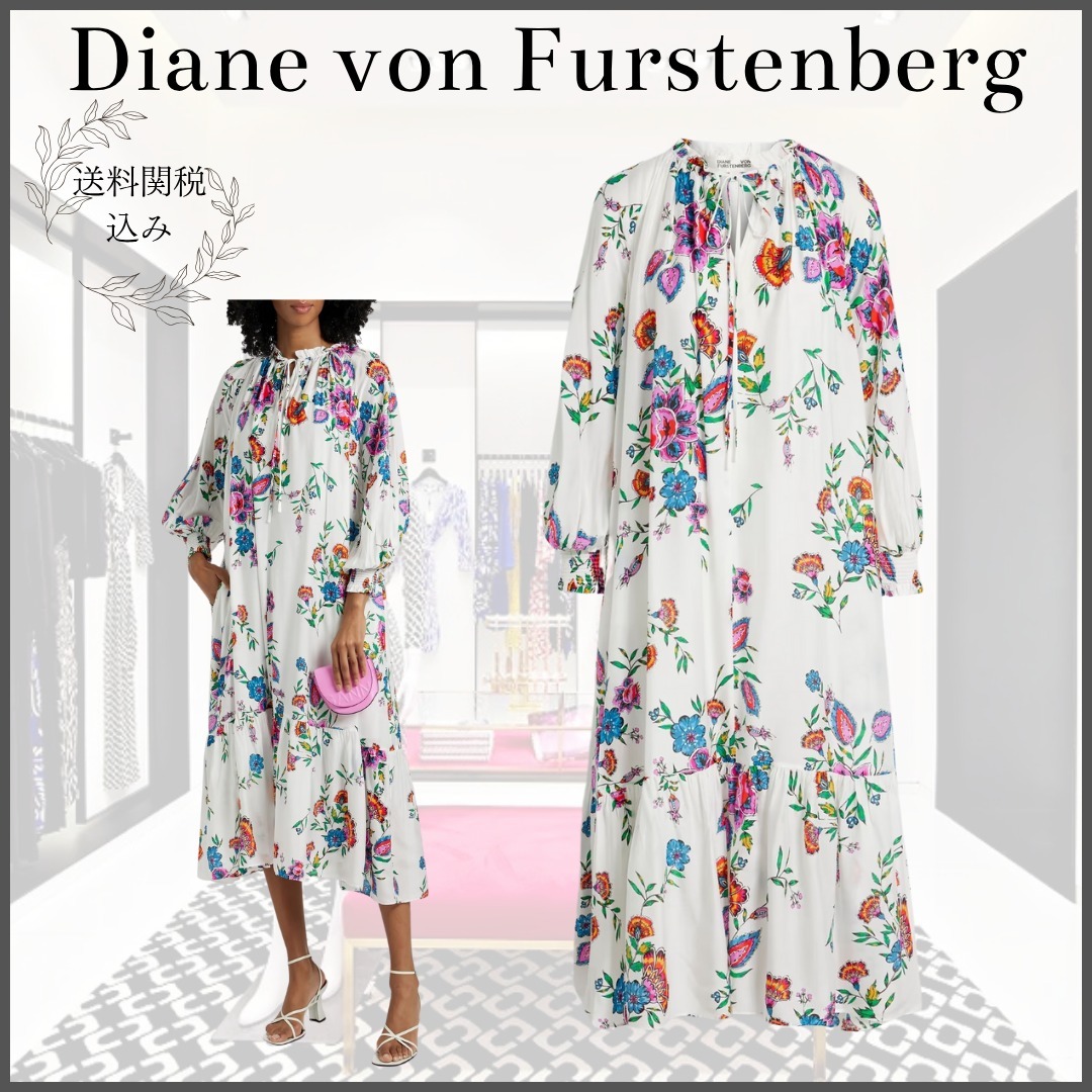 【DIANE VON FURSTENBERG】 ラッフル付き 花柄ミディワンピース