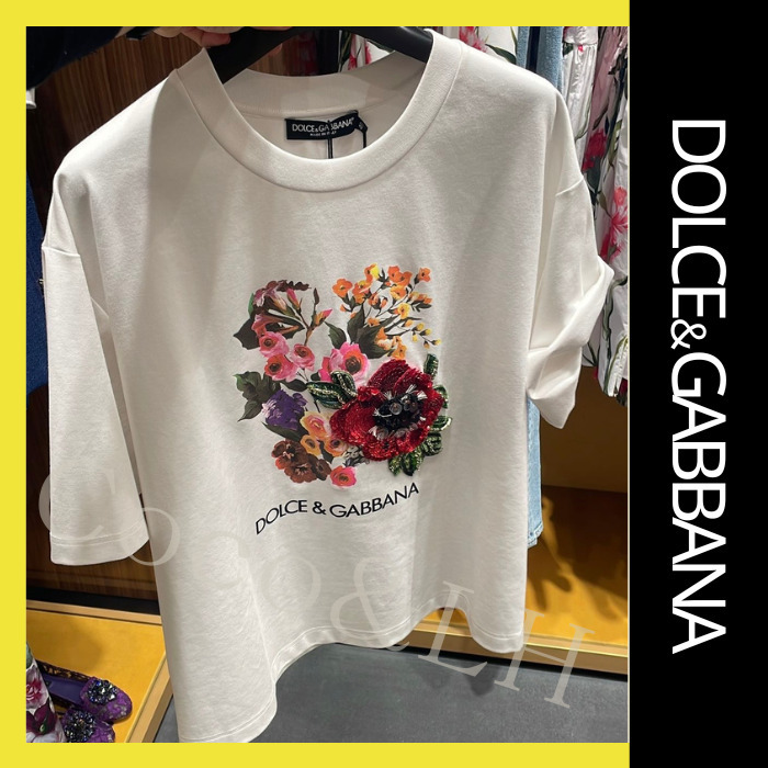 DOLCE&GABBANA フラワープリント ビジュー刺繍付き Tシャツ
