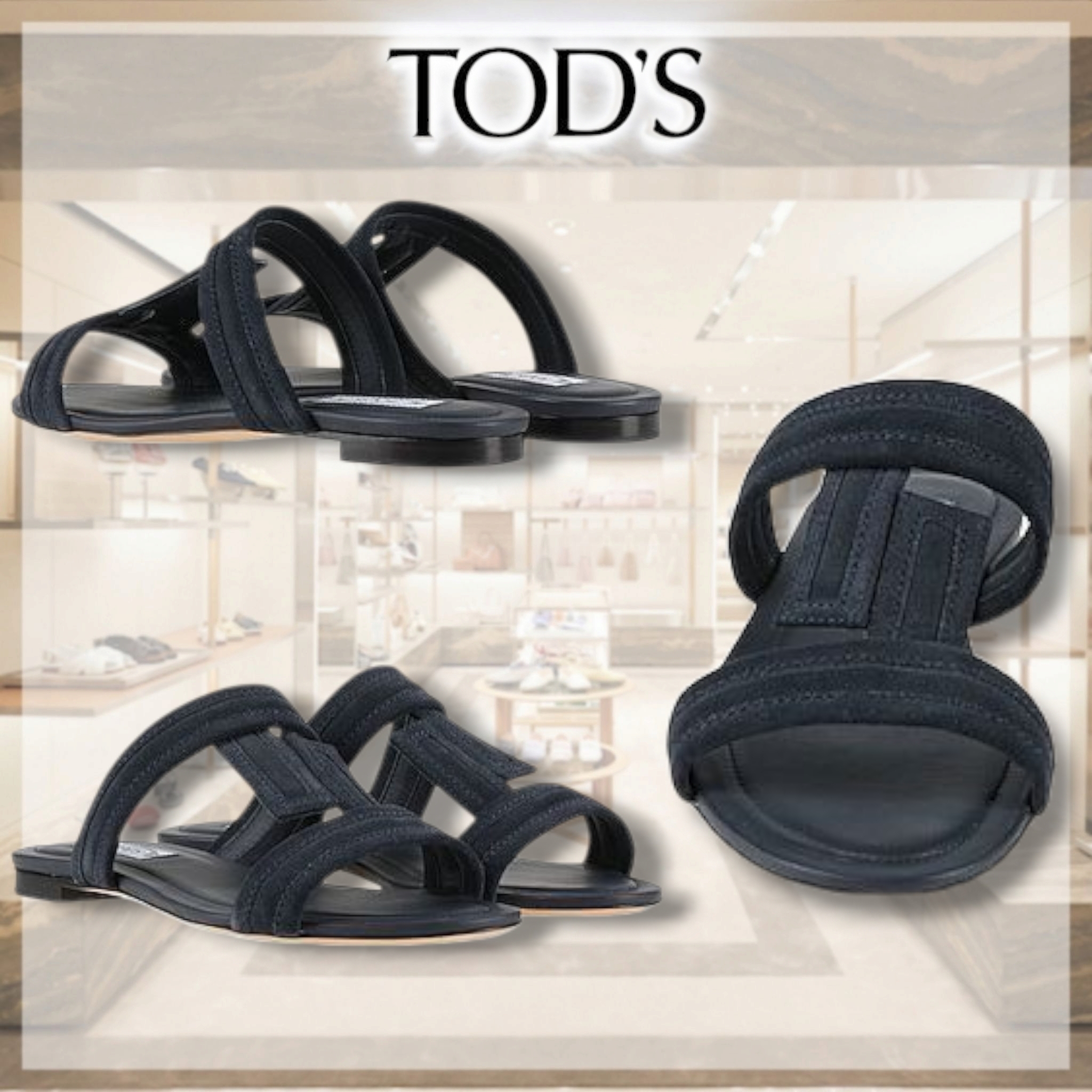 TOD'S* トッズ TT レザー サンダル 無地 ダークブルー 送関込