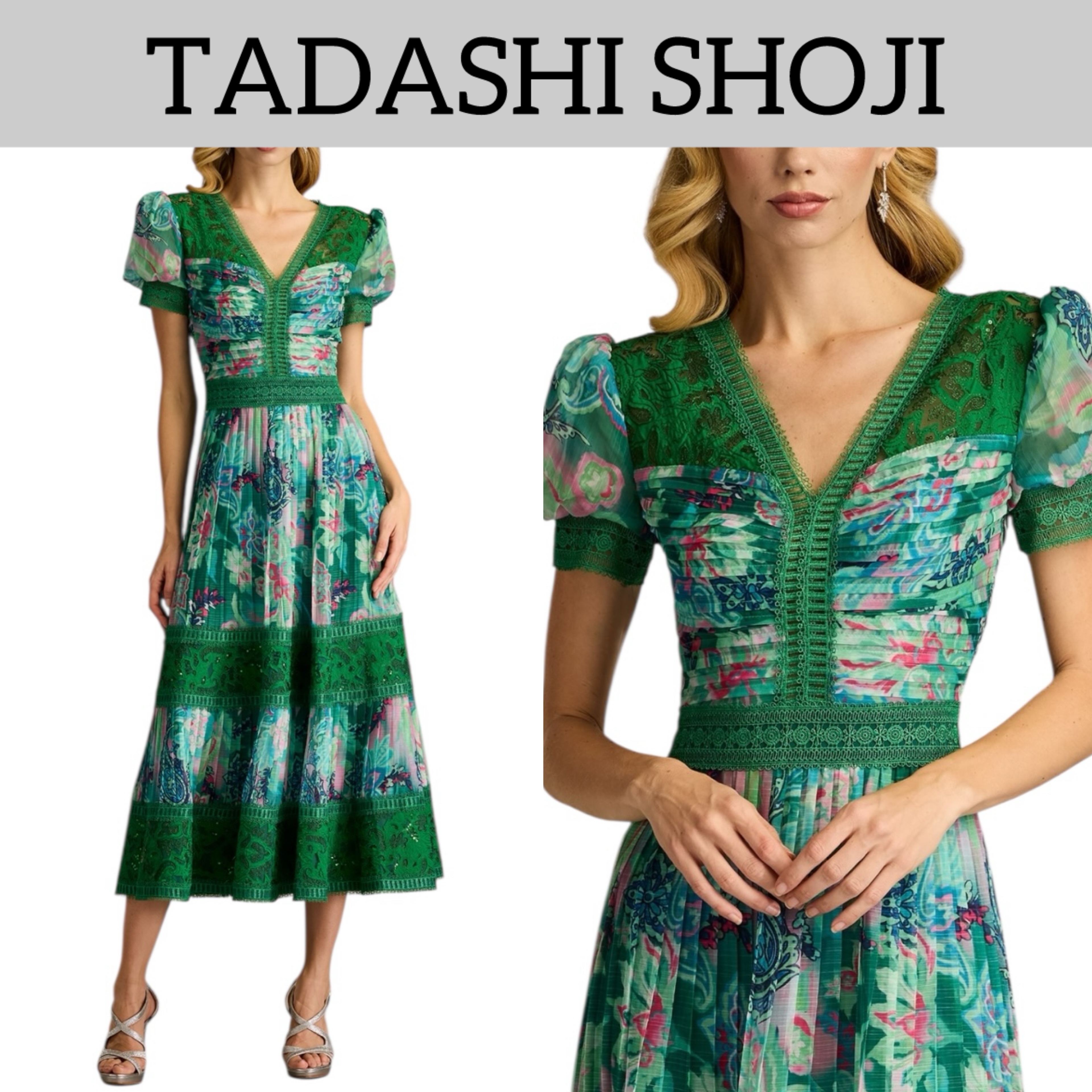 優美♪TADASHI SHOJI★Ambria Vネック 花柄シフォンドレス