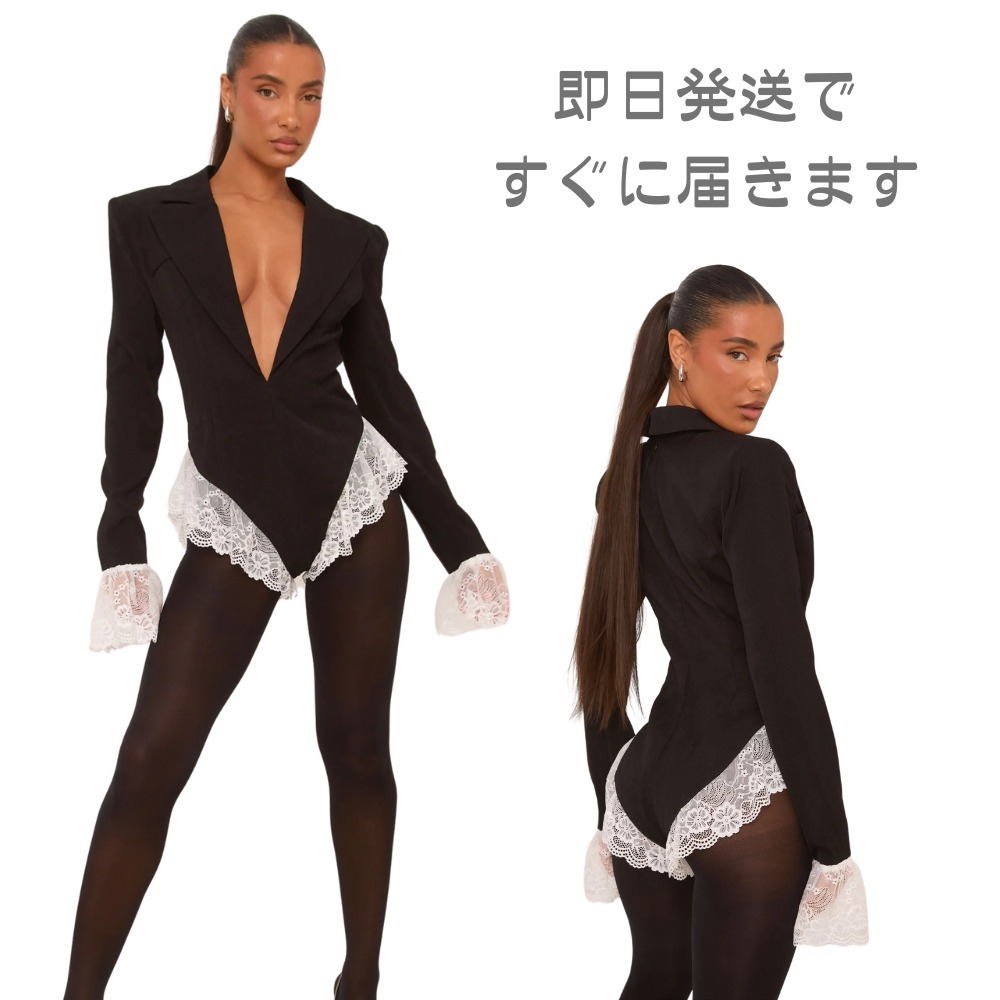 オールインワン・サロペット Plunge Neck Shoulder Pad Lace Trim Micro MiniBlazer Playsuit