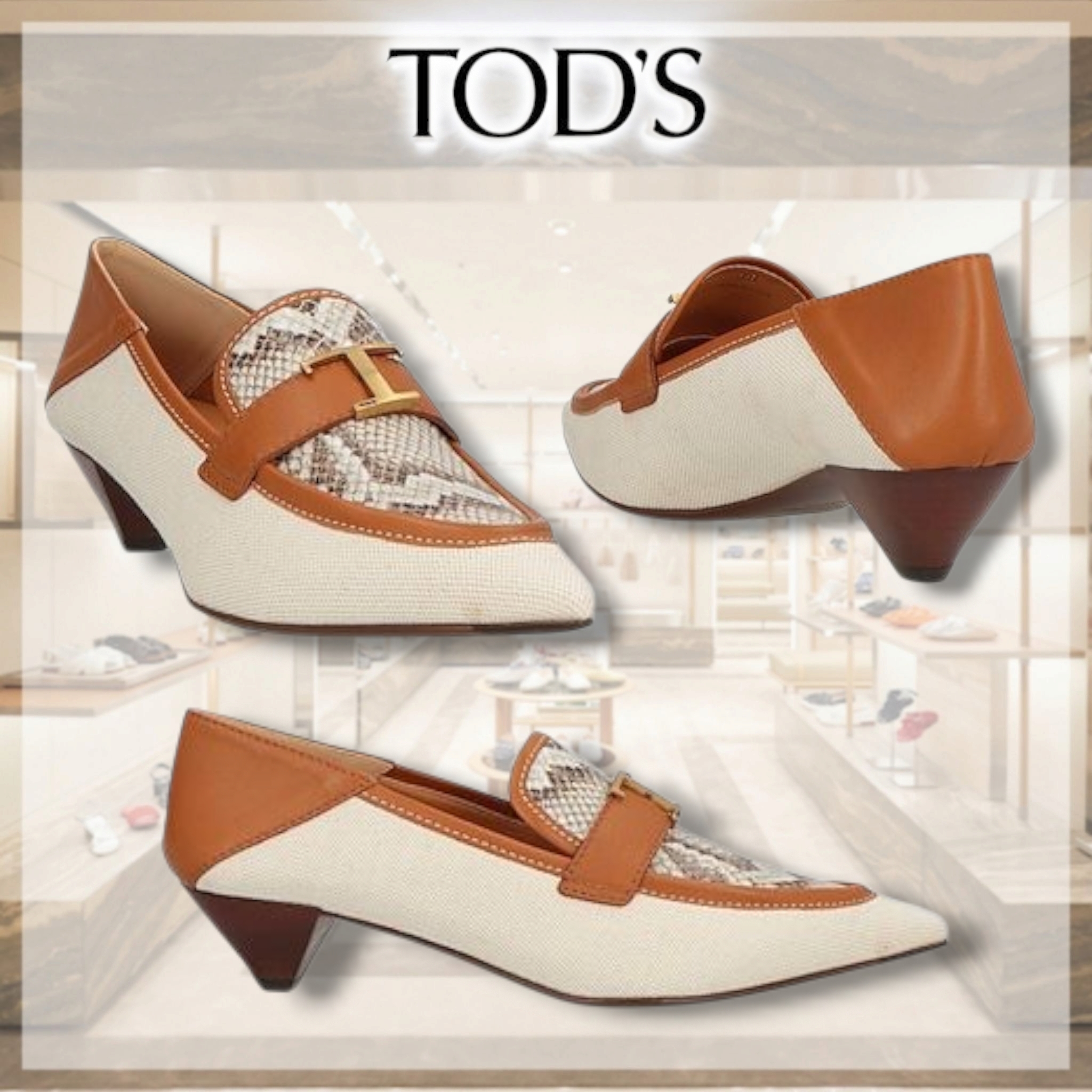 TOD'S* ロゴ レザー キャンバス モカシン スネーク ローファー