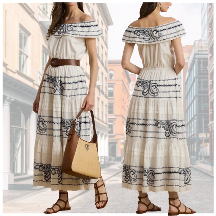 LAUREN RALPH LAUREN エンブロイダリー オフショルダー ドレス