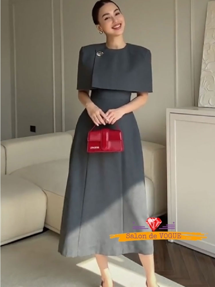 ワンピース パーティー フェイクツーピース ケープ風 ミモレ丈