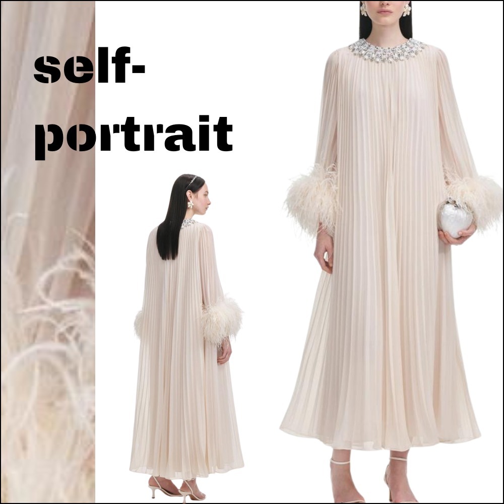【self-portrait】ミディ ドレス シフォン 装飾 フレア クリーム