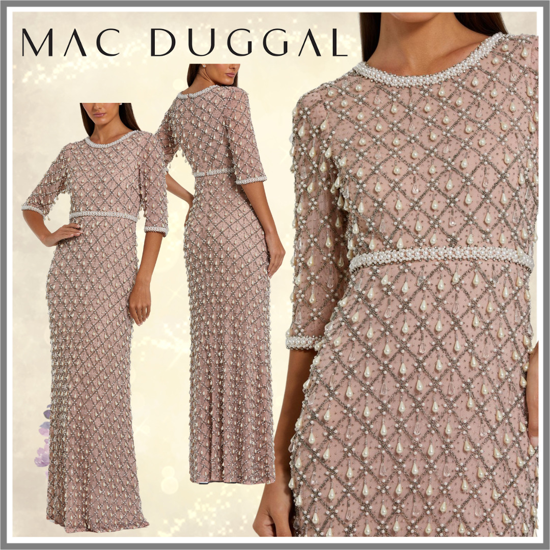 【Mac Duggal】ピンクパール装飾の7分袖ガウン