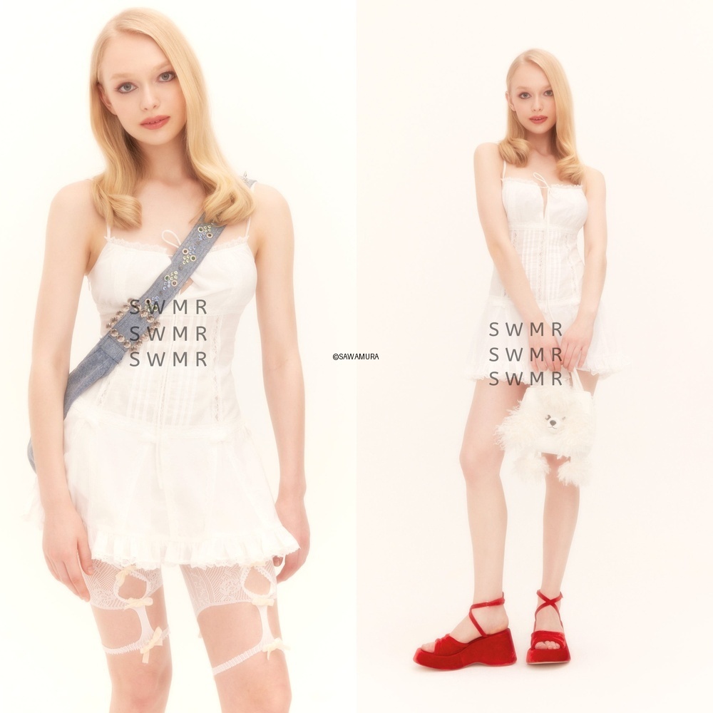 ワンピース Nodress White Lace Trim Pleated Cotton Dress