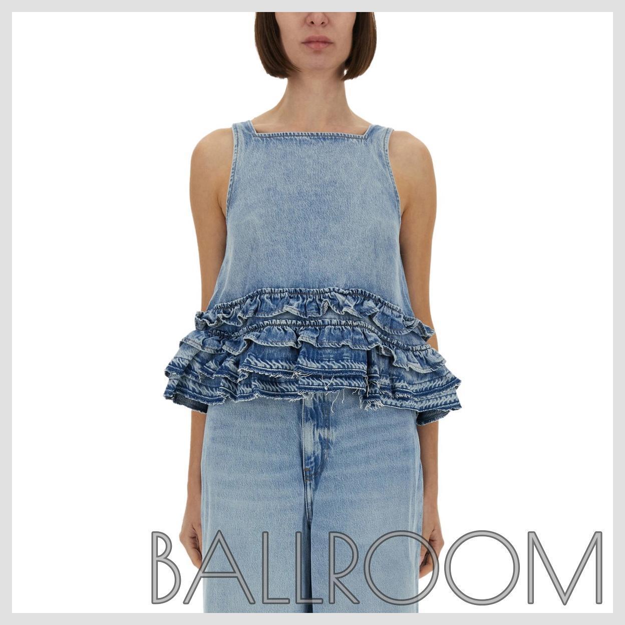Tシャツ・カットソー GANNI DENIM RUFFLE TOP