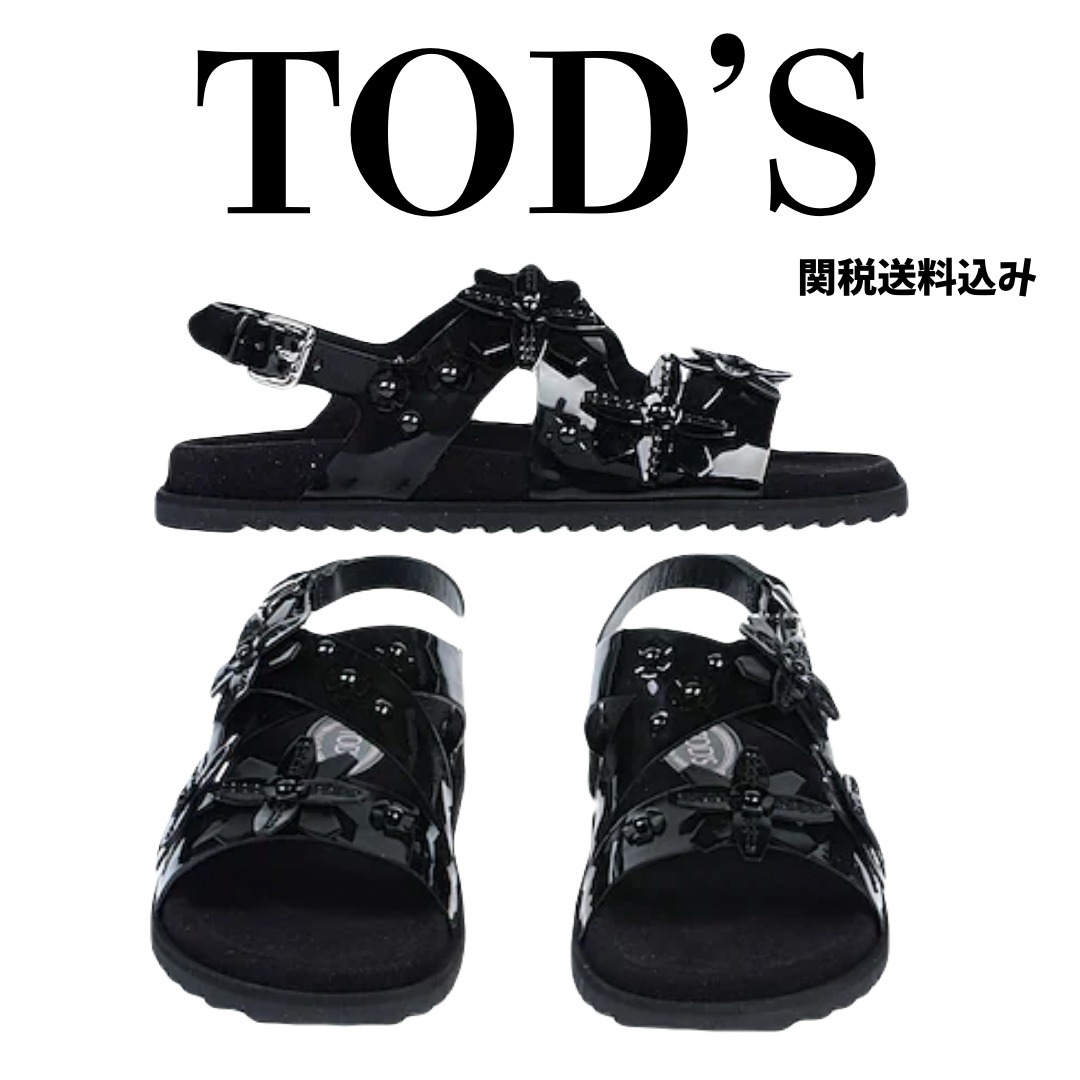 可愛い【TOD'S】花装飾 レザー フラット サンダル