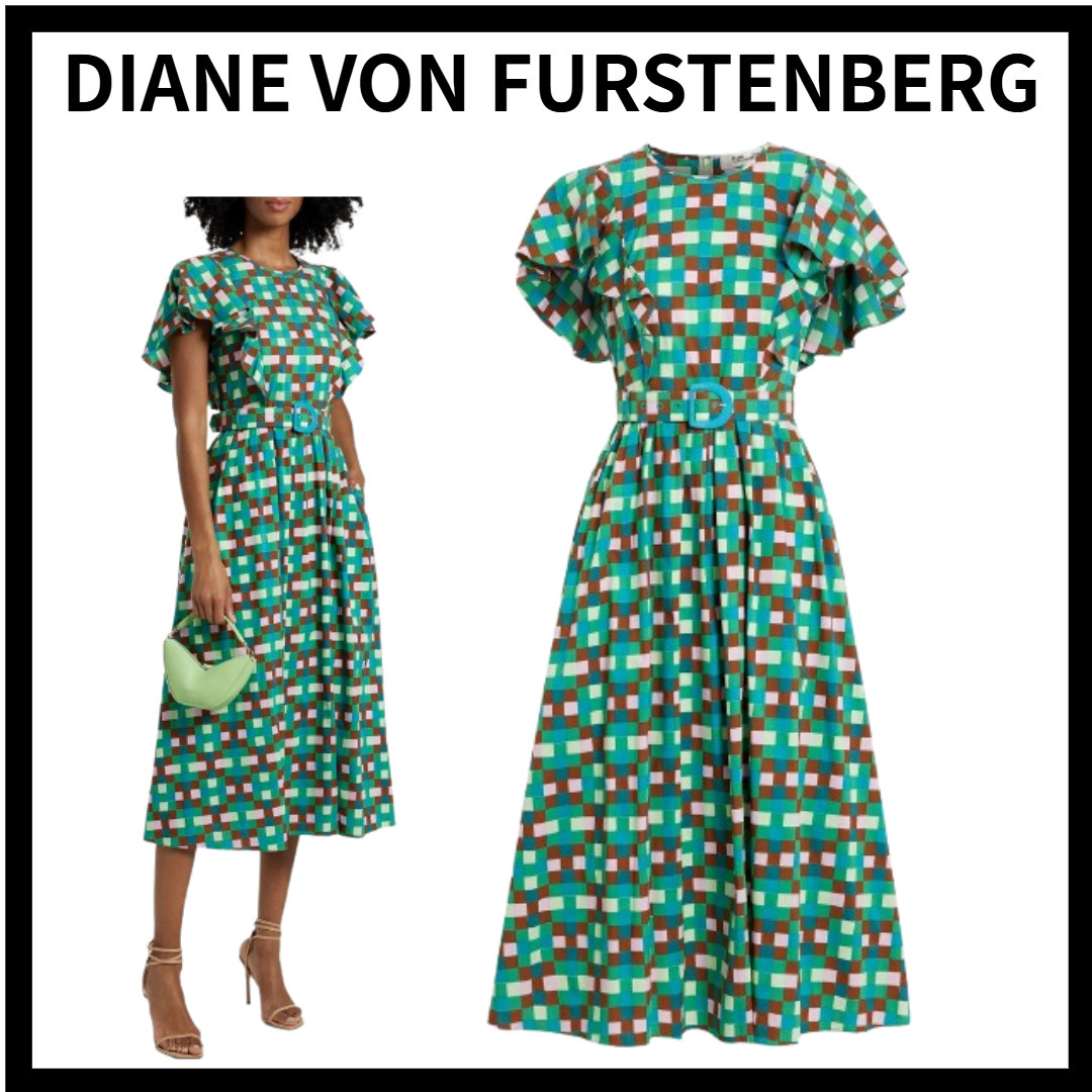 DIANE VON FURSTENBERG ベルト付き チェック ミディワンピース
