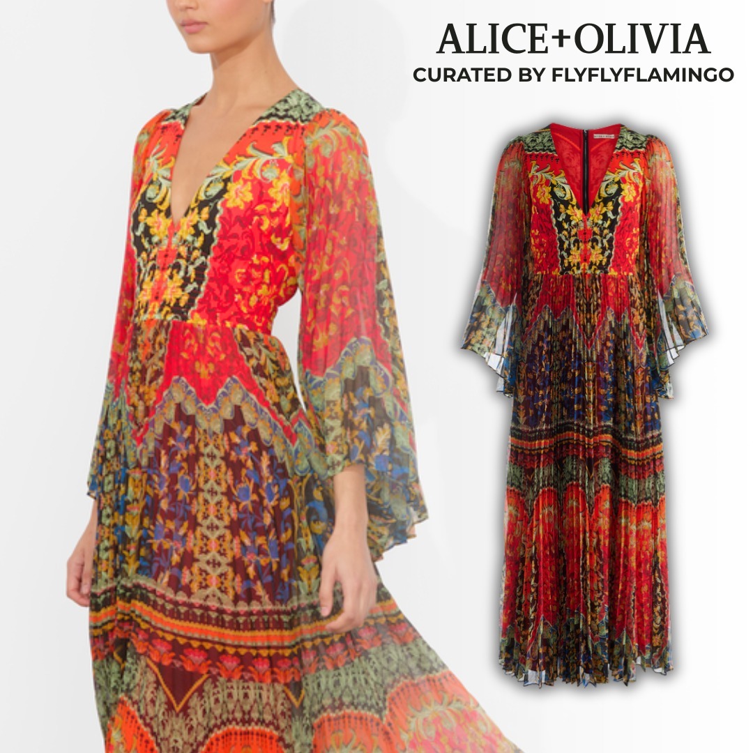 華やか!【Alice+Olivia】BENNET Vネック プリーツ マキシドレス