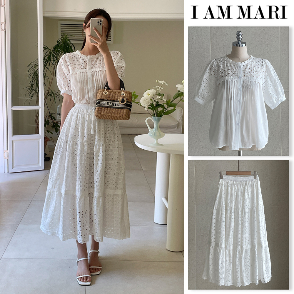 【I AM MARI】[Two Piece] Hueri Punching Blouse Long Skirt