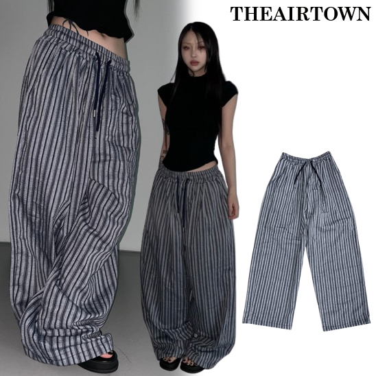 【THEAIRTOWN】ストライプ ウエストバンド ワイドパンツ