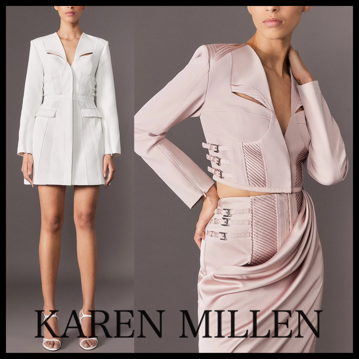 KAREN MILLEN* サテンピンタック取り外し可ブレザーミニドレス