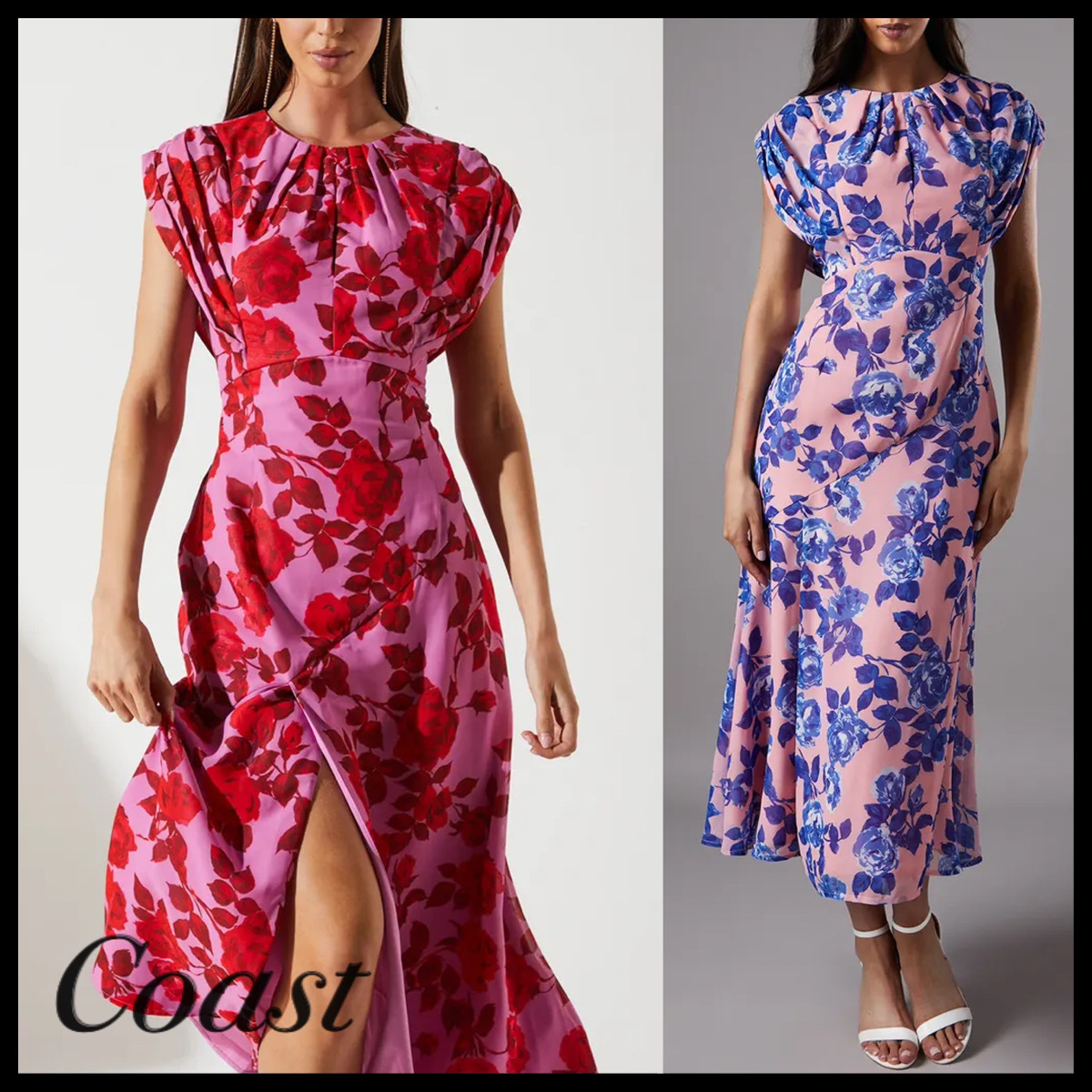 Coast* キャップスリーブ フローラル シフォン ミディドレス