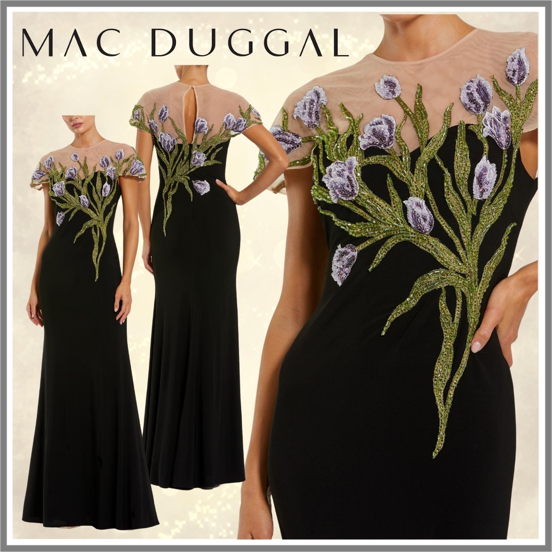 【Mac Duggal】ハイネックフローラルエンブロイダリーガウン