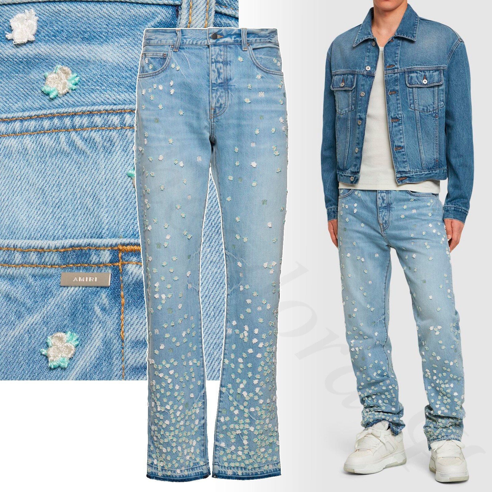 AMIRI ロゴ フローラル アップリケ デニム ジーンズ ブルー