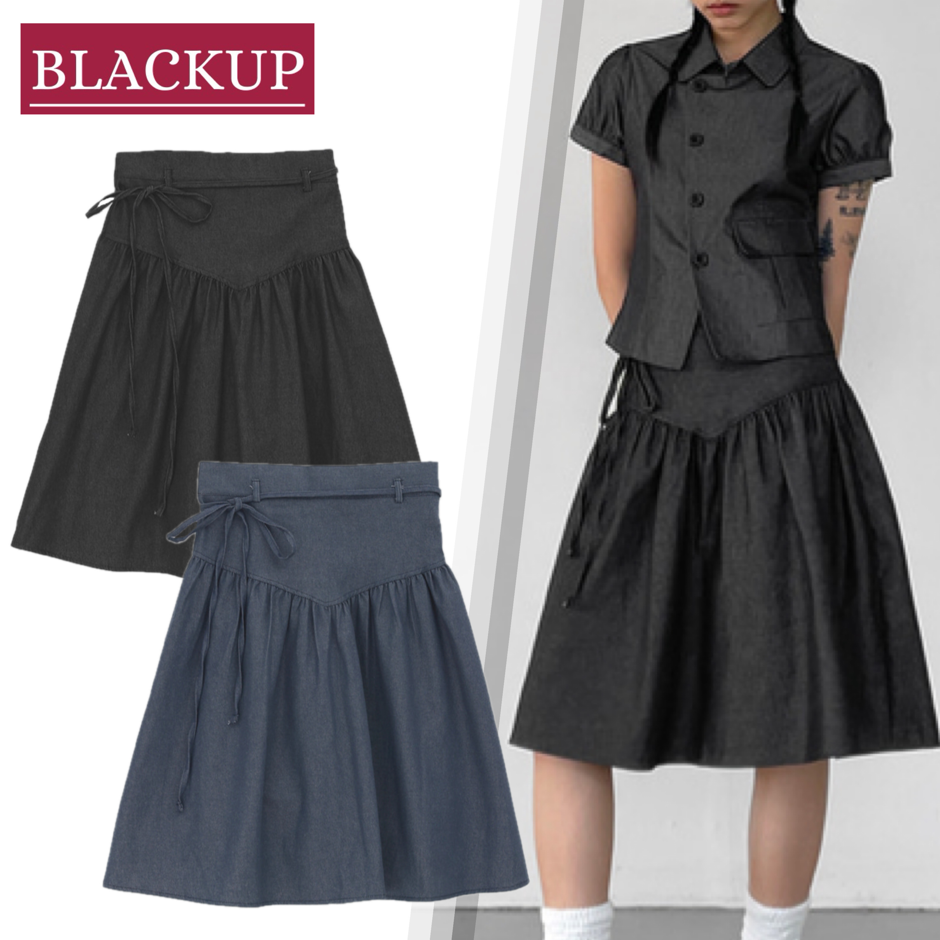 韓国発【BLACKUP】ケインフレア生地ミディスカートベルトセット