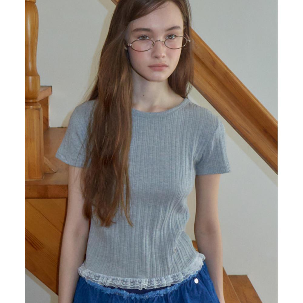 Tシャツ・カットソー RONRON LACE FRILL SLIM CROP PLEATS T SHIRT GREY RR25AST4140G