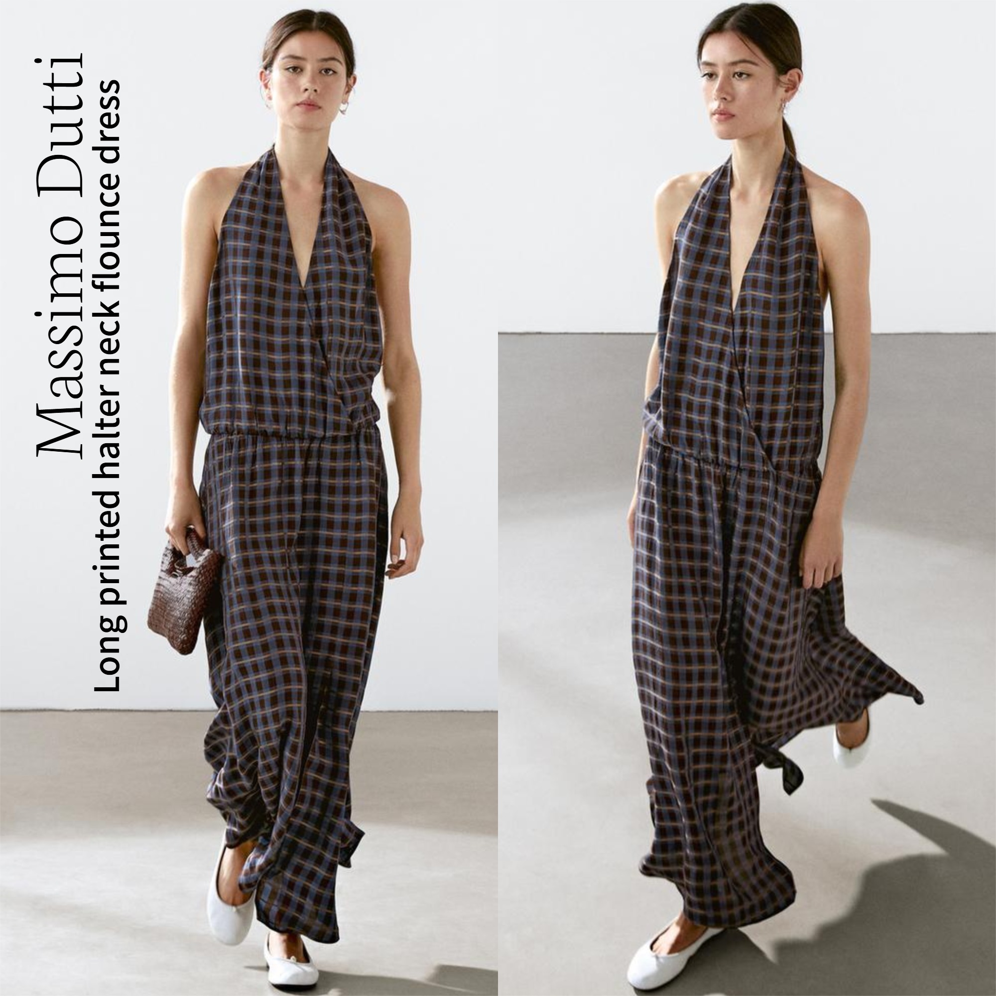 【Massimo Dutti】Long printed halter neck flounce dress