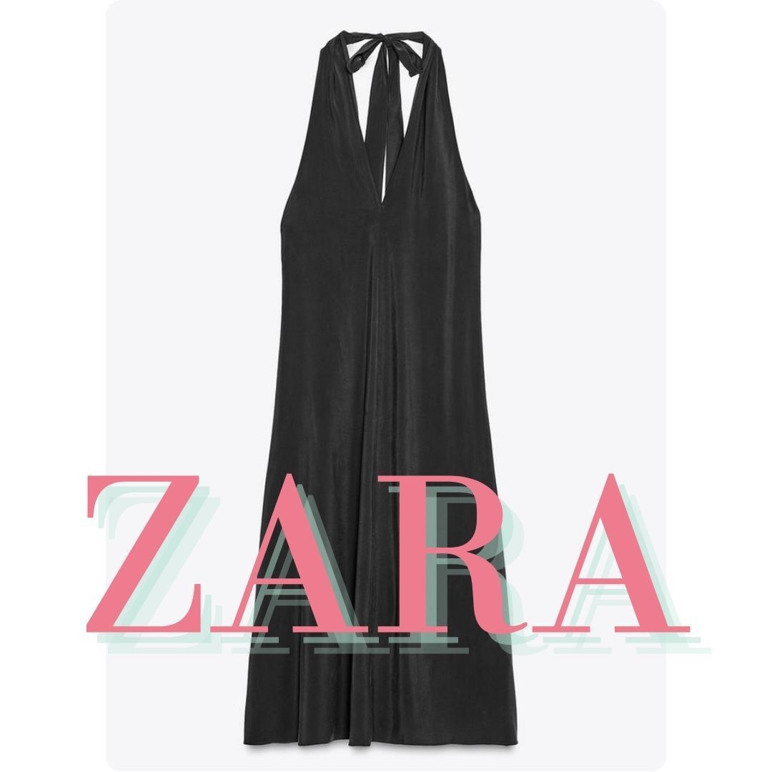 ZARA ホルターネック ミディ丈ワンピース、結びディテール入り