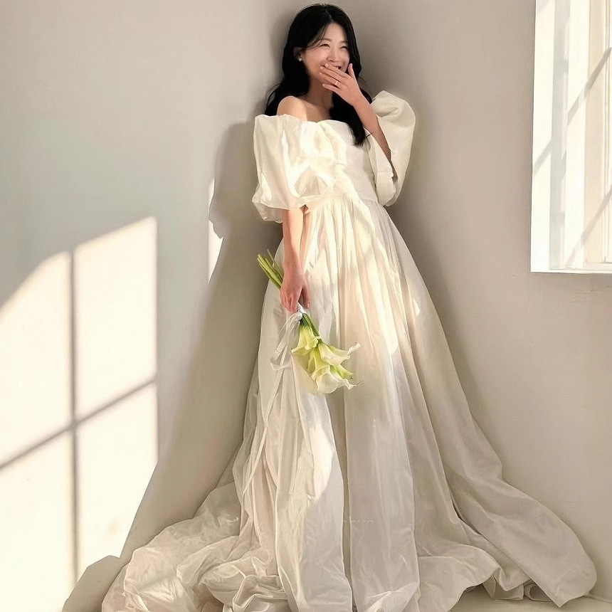 結婚式 パーティードレス ホワイト レース フレア ロング 韓国