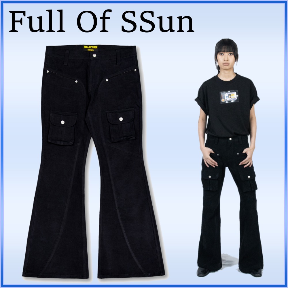 韓国ブランド Curvedカーゴフレアパンツ ブラック S〜XL