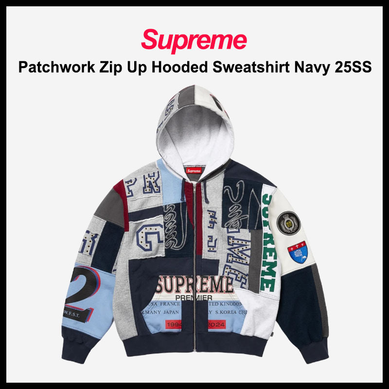 【SUPREME】PATCHWORK ZIP UP HOODED SWEATSHIRT NAVY 25SS