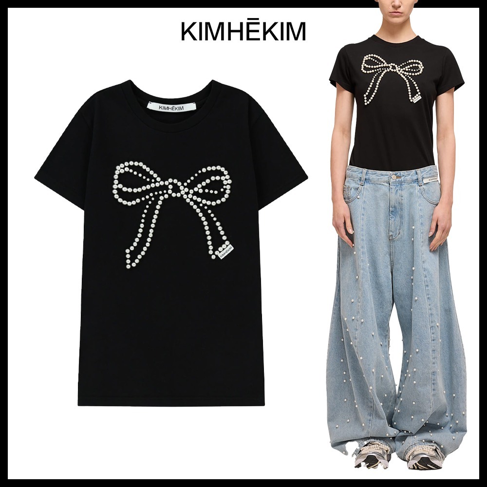 ★KIMHEKIM★Pearl Embellished Bow Slim T-Shirt★大人気★