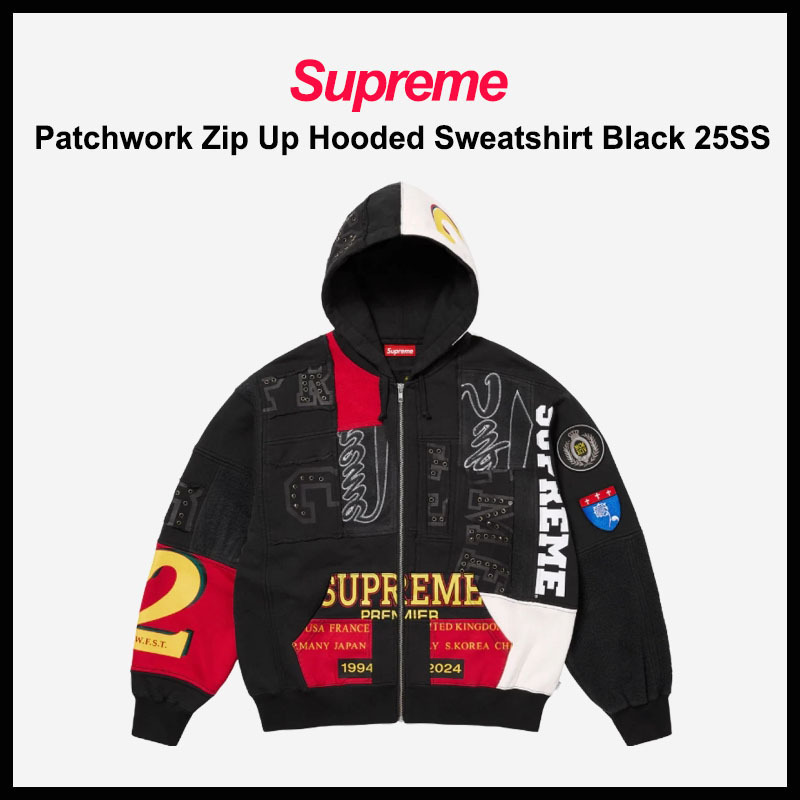 【SUPREME】PATCHWORK ZIP UP HOODED SWEATSHIRT BLACK 25SS