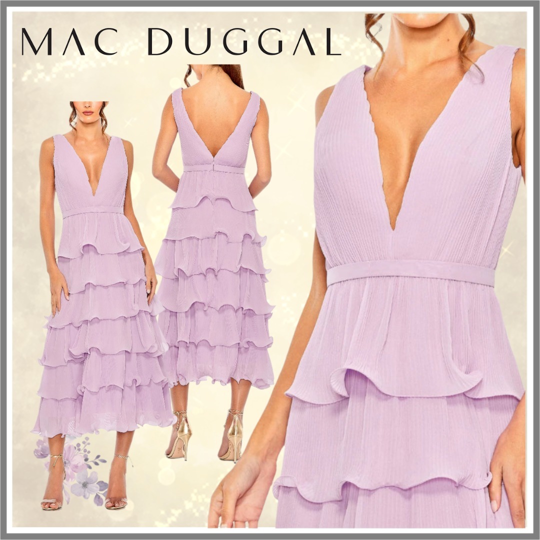【Mac Duggal】シフォン ノースリーブ ラッフル ミディドレス