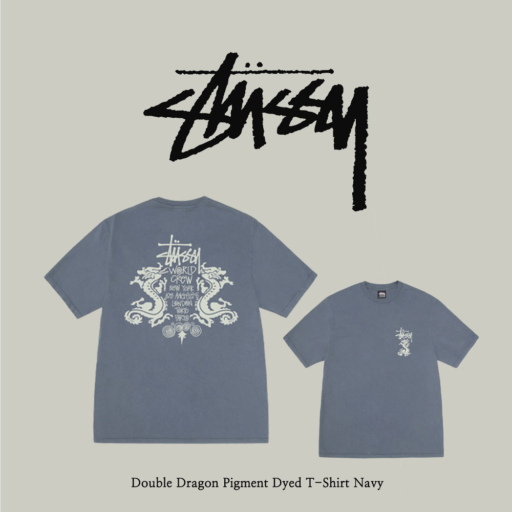 【Stussy】 Double Dragon Pigment Dyed T-Shirt Navy