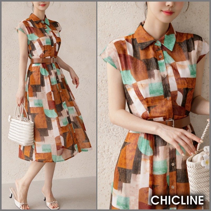 ★ChicLine★ ミレンドノースリーブ柄ベルトワンピース