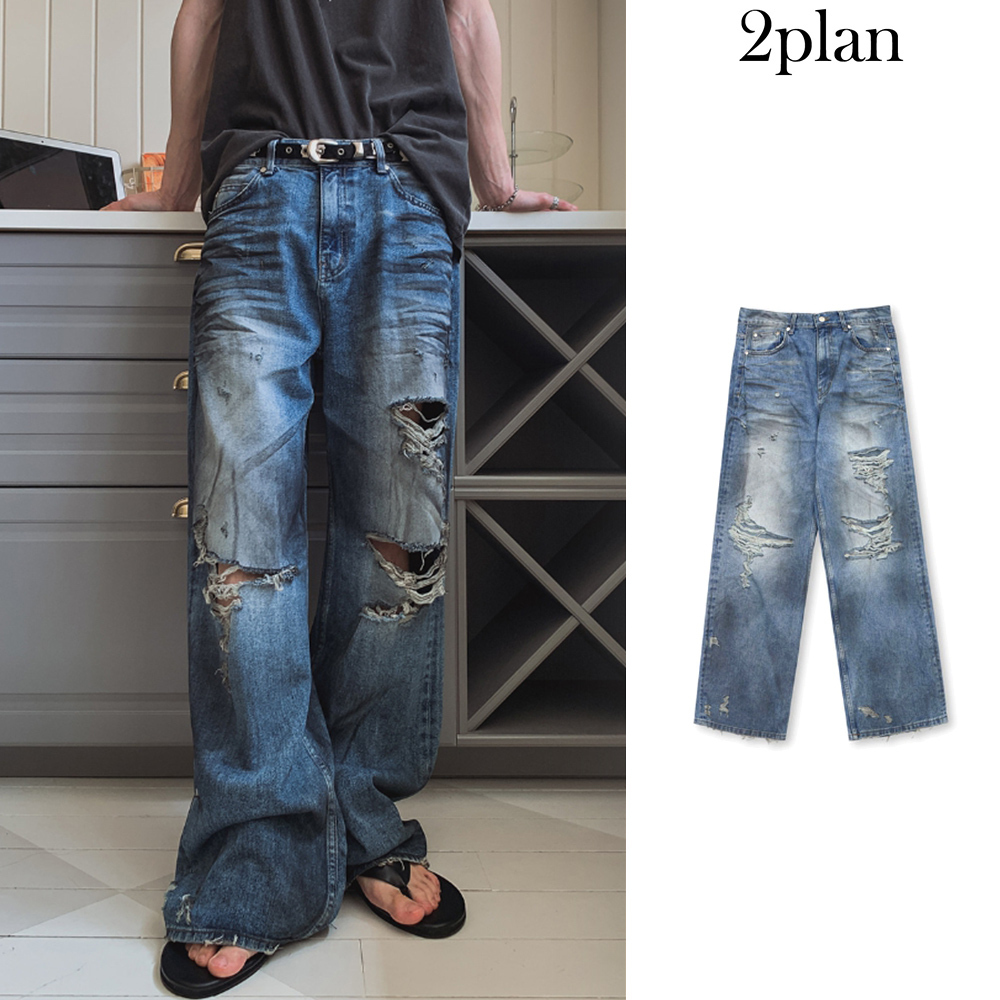 【2plan】Lining Destroyed Denim Pants
