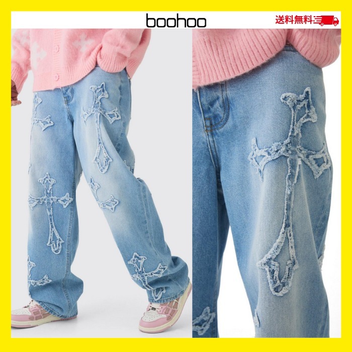 送料無料★boohoo/バギー クロス アップリケ ジーンズ