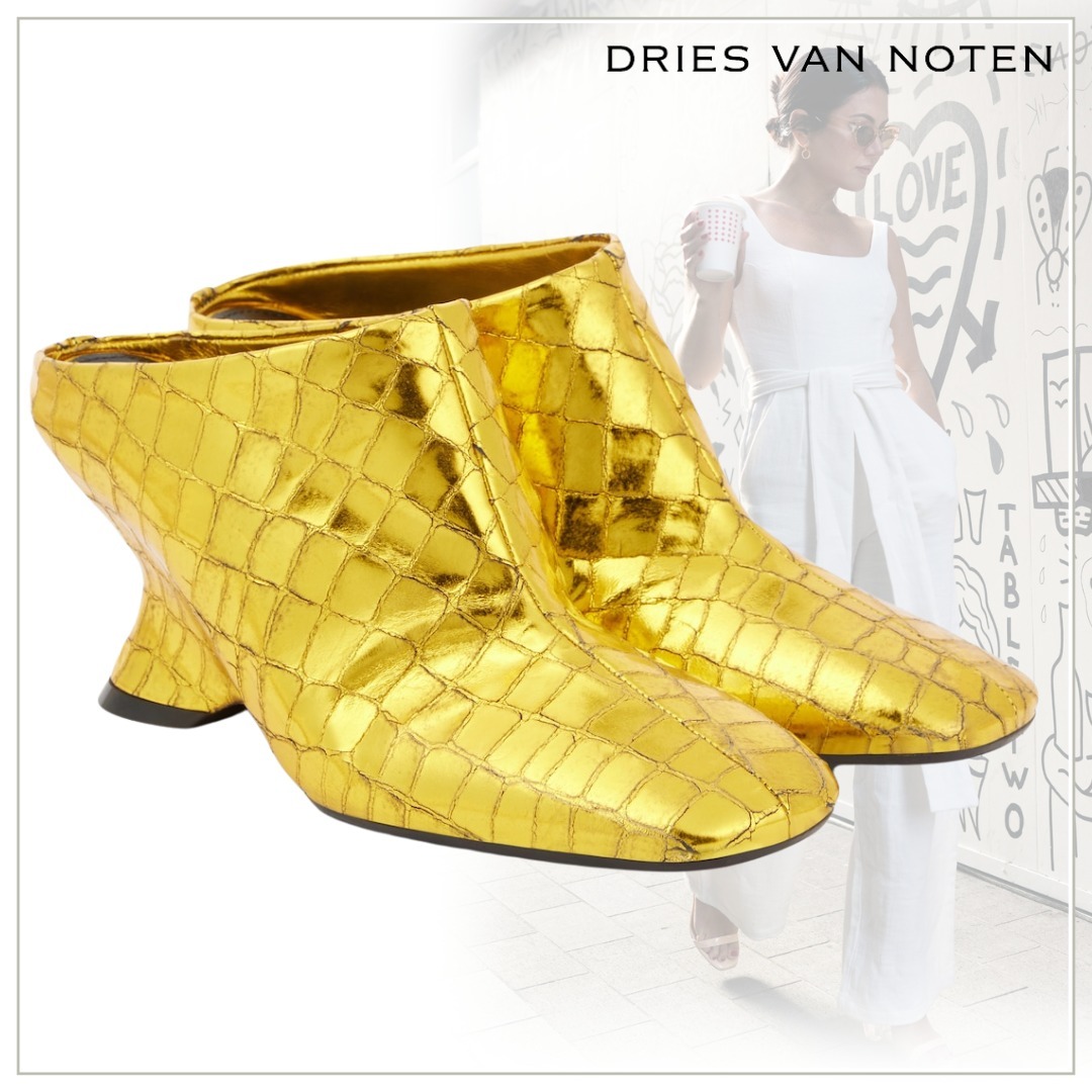 【Dries Van Noten】クロックエフェクトレザーウェッジミュール