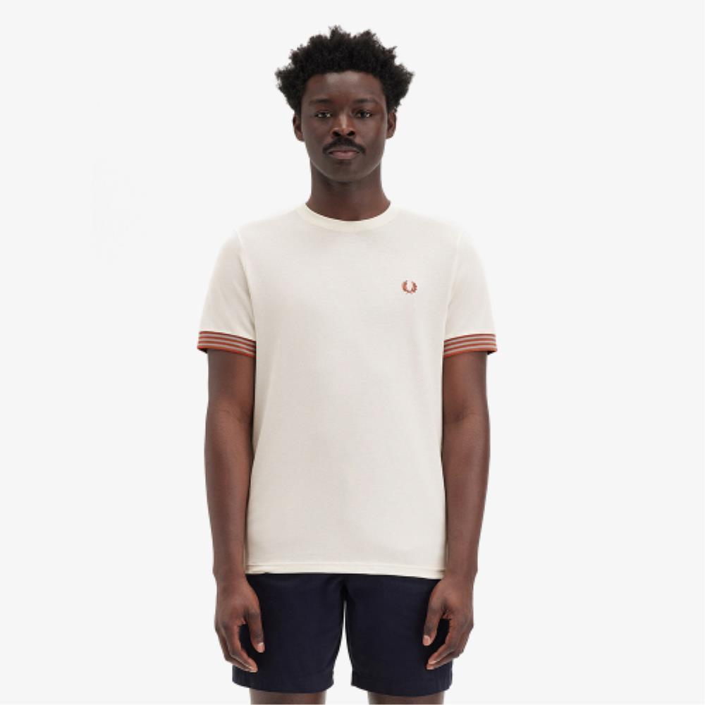 ★FRED PERRY★ Sharp Stripe Cuff T-Shirt Light Ecru AFPM2517