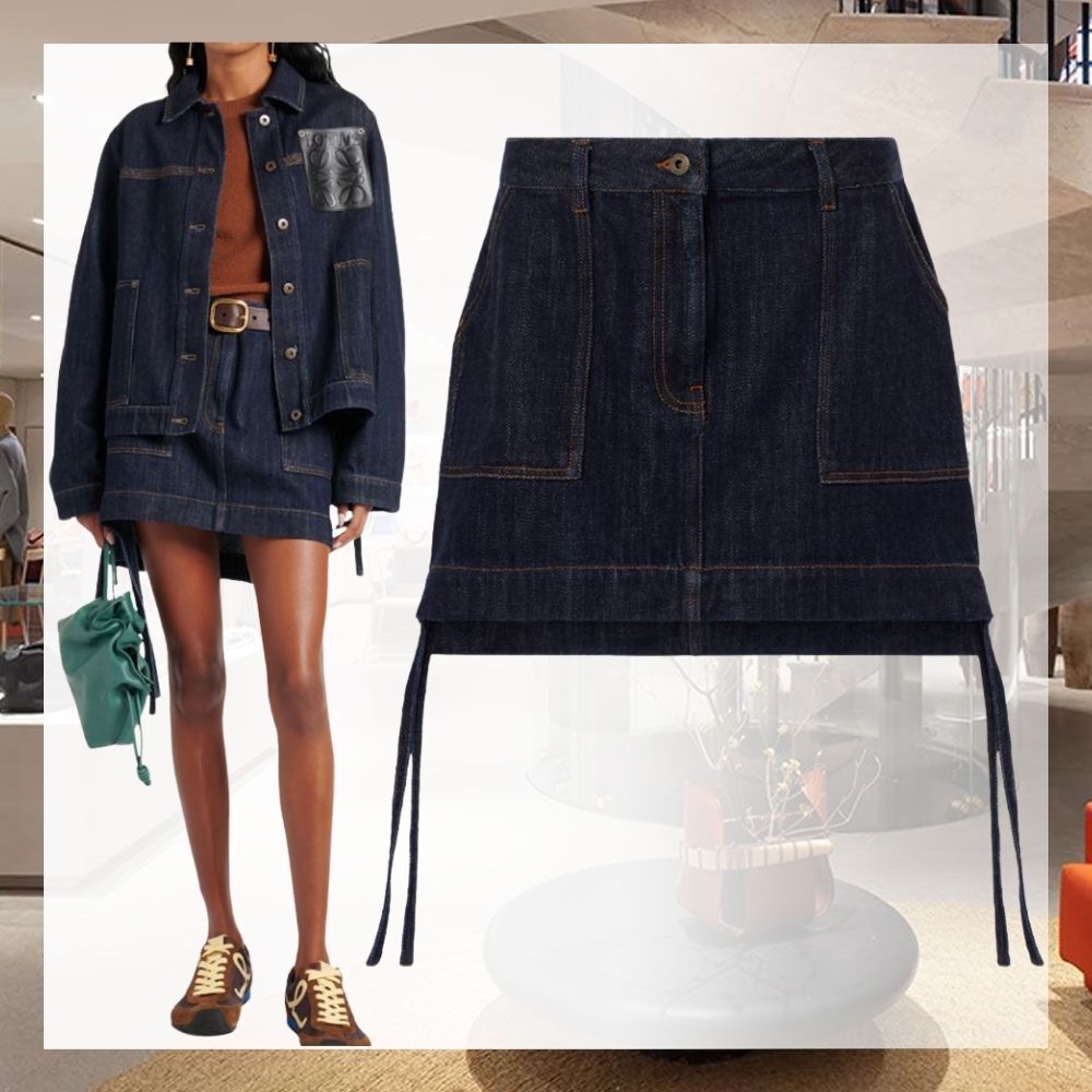 LOEWE Anagram leather-trimmed denim miniskirt スカート ロゴ