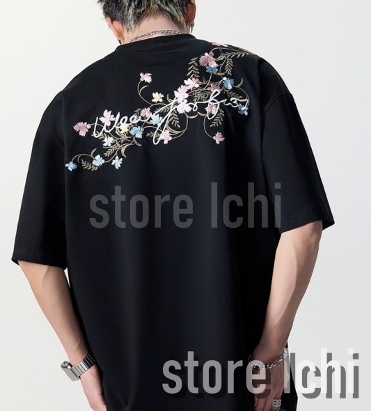 メンズ Tシャツ 刺しゅう 花 フラワー クルーネック 大きめa1201