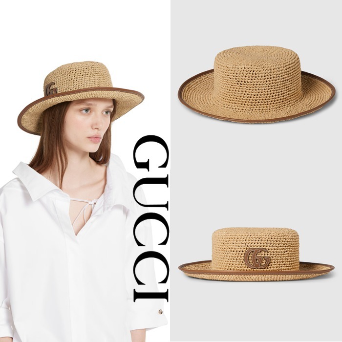 新作【GUCCI】ダブルG ストロー ボーターハット、ナチュラル