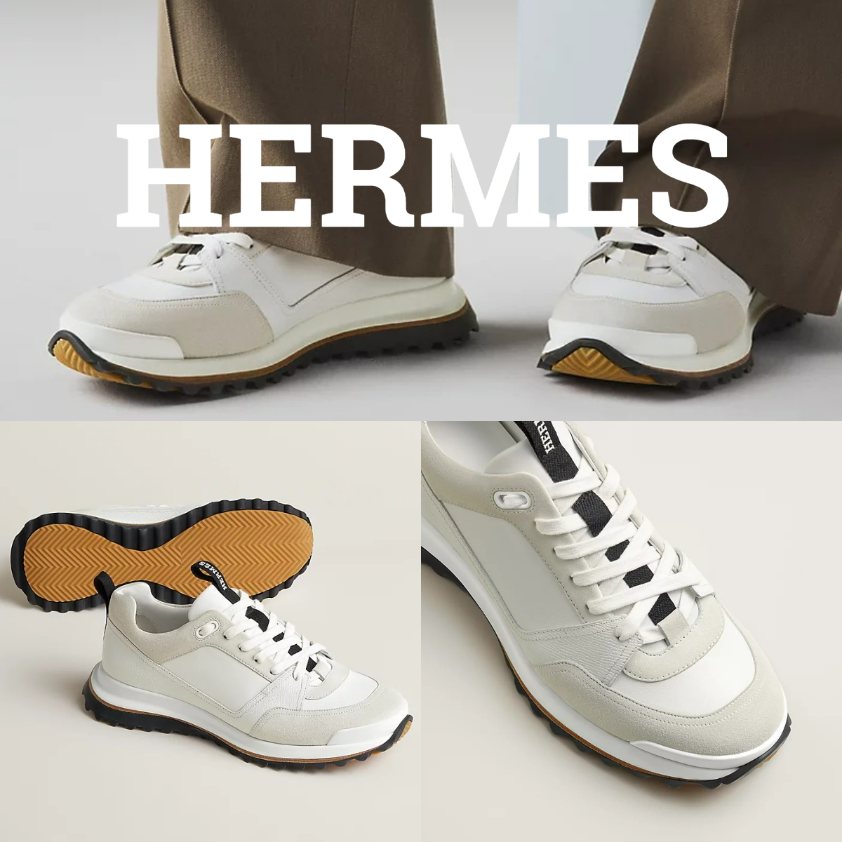 新作*HERMES*Leader ミックスレザースニーカー ホワイト メンズ