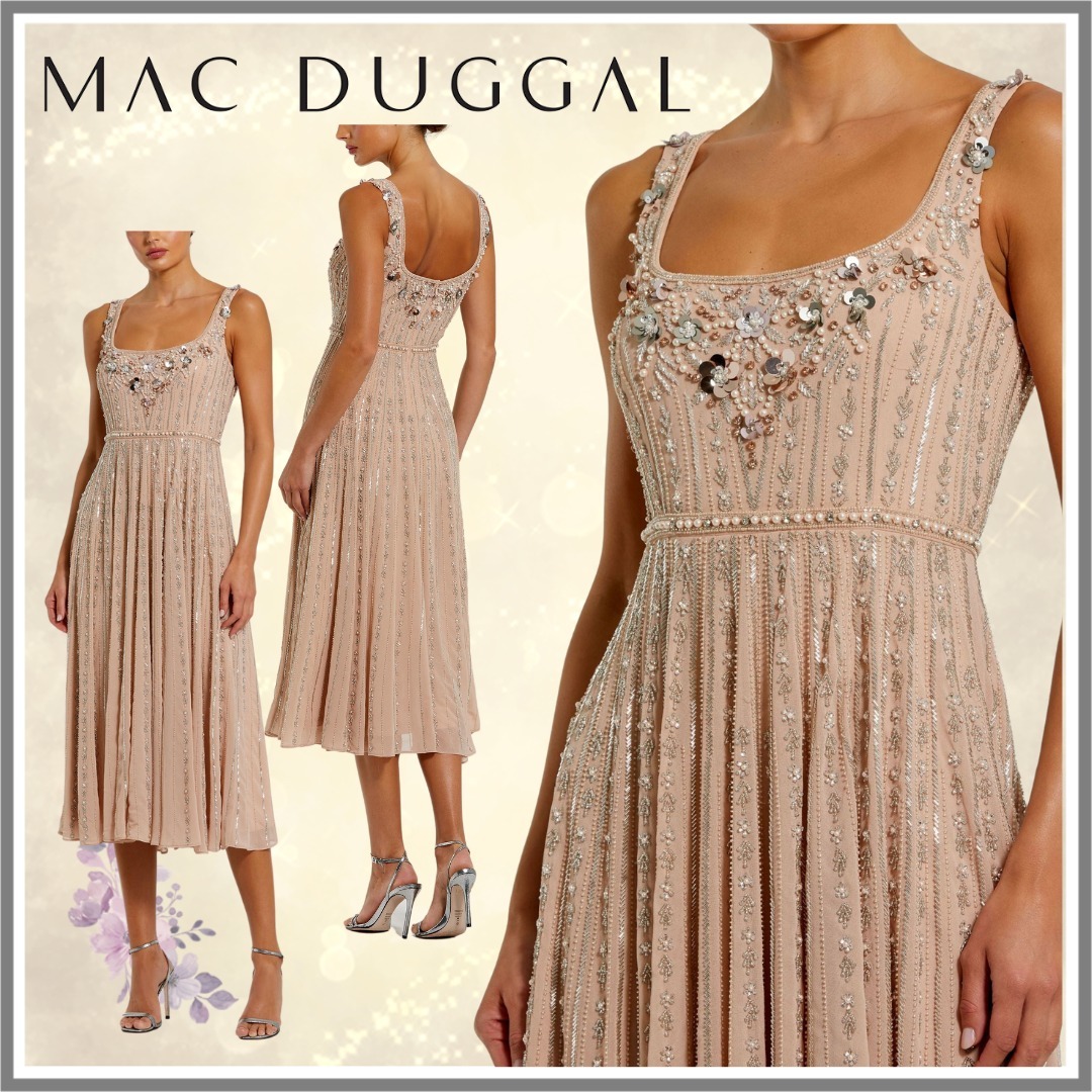 【Mac Duggal】ノースリーブスクープネック装飾ミディドレス