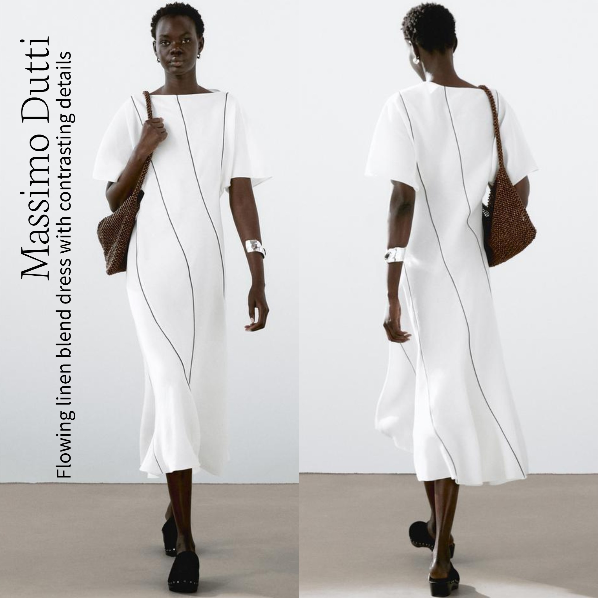 ワンピース Flowing linen blend dress with contrasting details