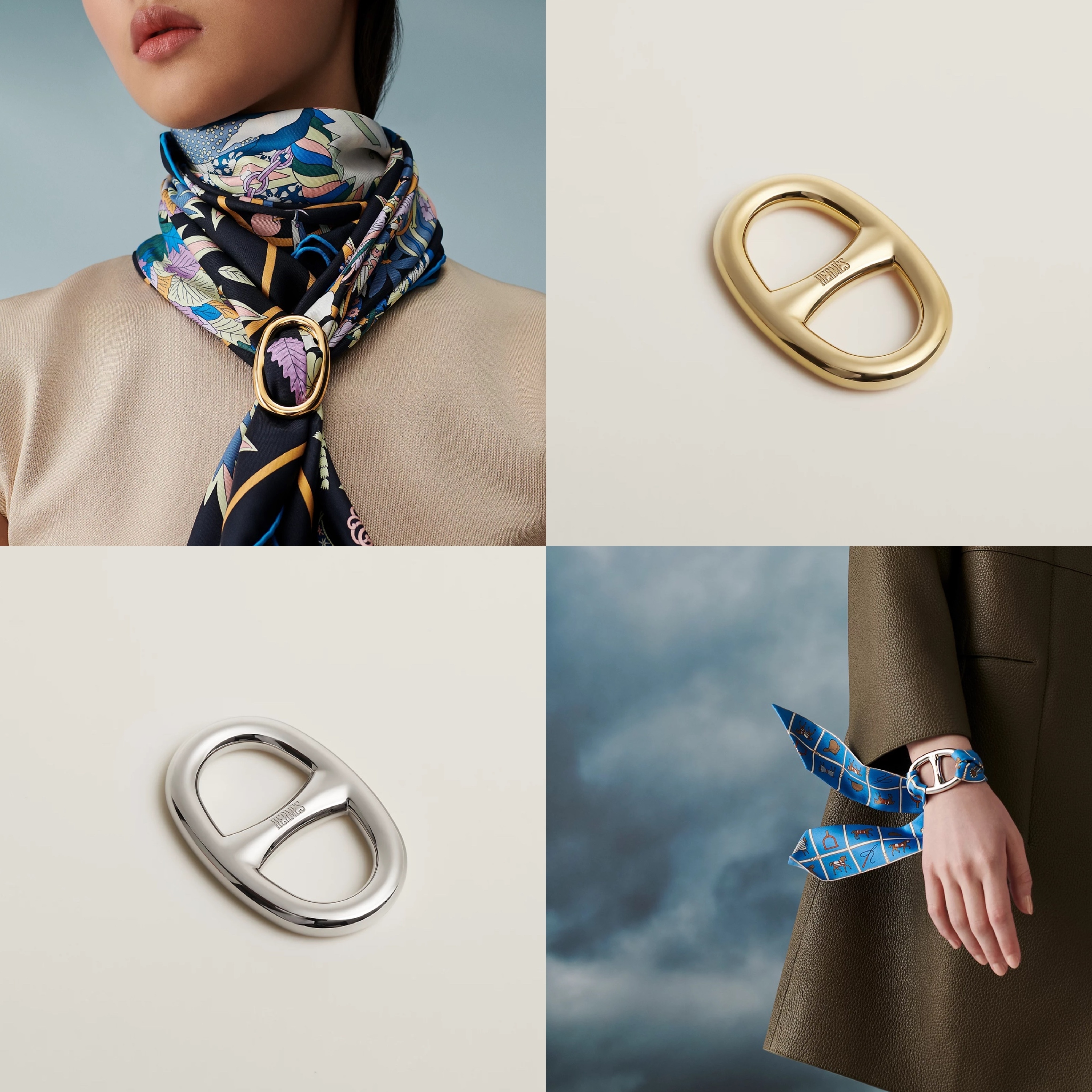 HERMES スカーフリング Chaine d’Ancre 90 ゴールド／シルバー