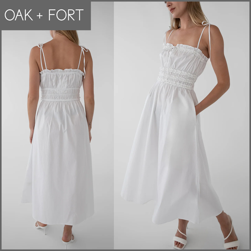[OAK + FORT] 上品フリル・コットンポプリン・ミディワンピース
