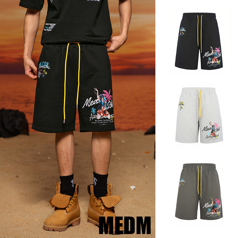 MEDM プリント ハーフ ショットパンツ ロゴ ストリート 男女兼用