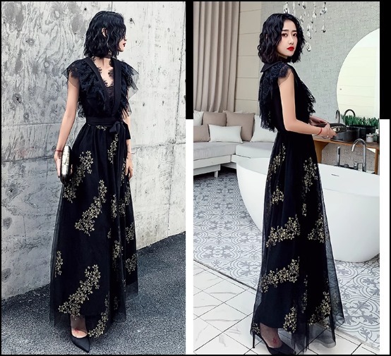 フリル袖ロングワンピース 花柄 結婚式 パーティー シースルー