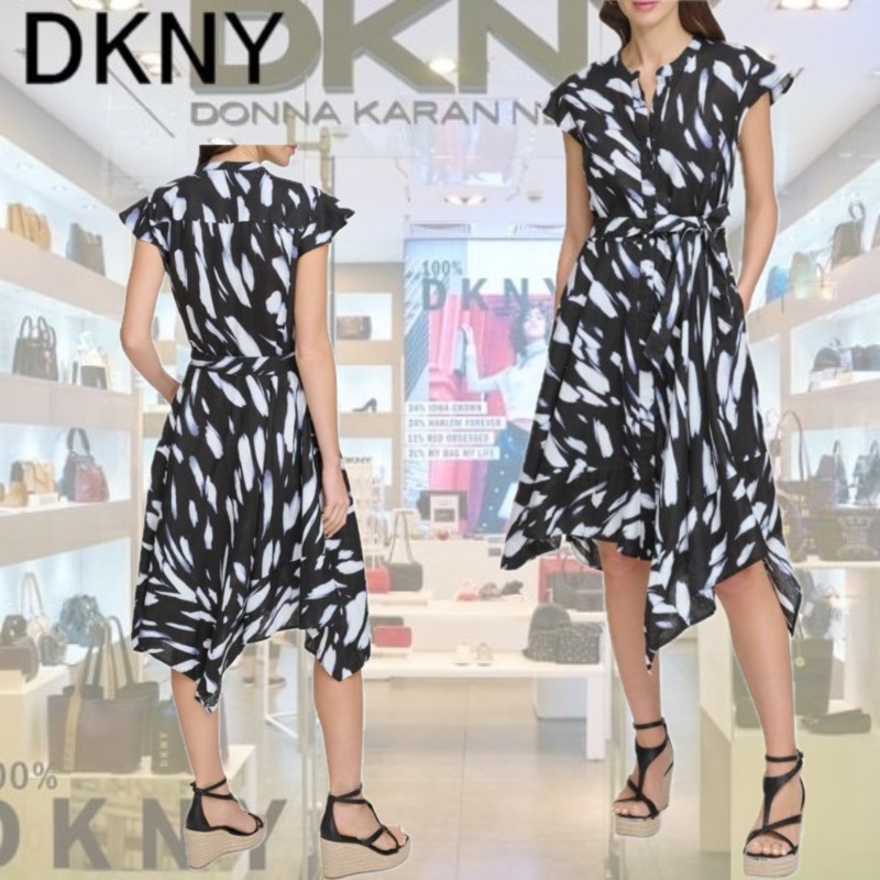 【DKNY】プリント リネン キャップスリーブ ドレス