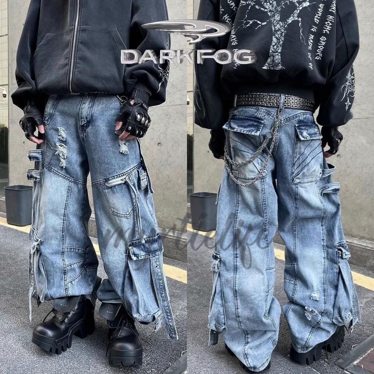 DARK FOG★Multi-pocket ripped ribbon straight jeans DF12
