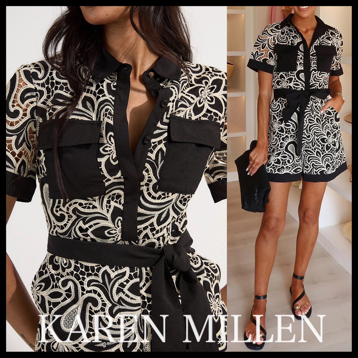 KAREN MILLEN*モノ カットワーク ポケットフロントプレイスーツ